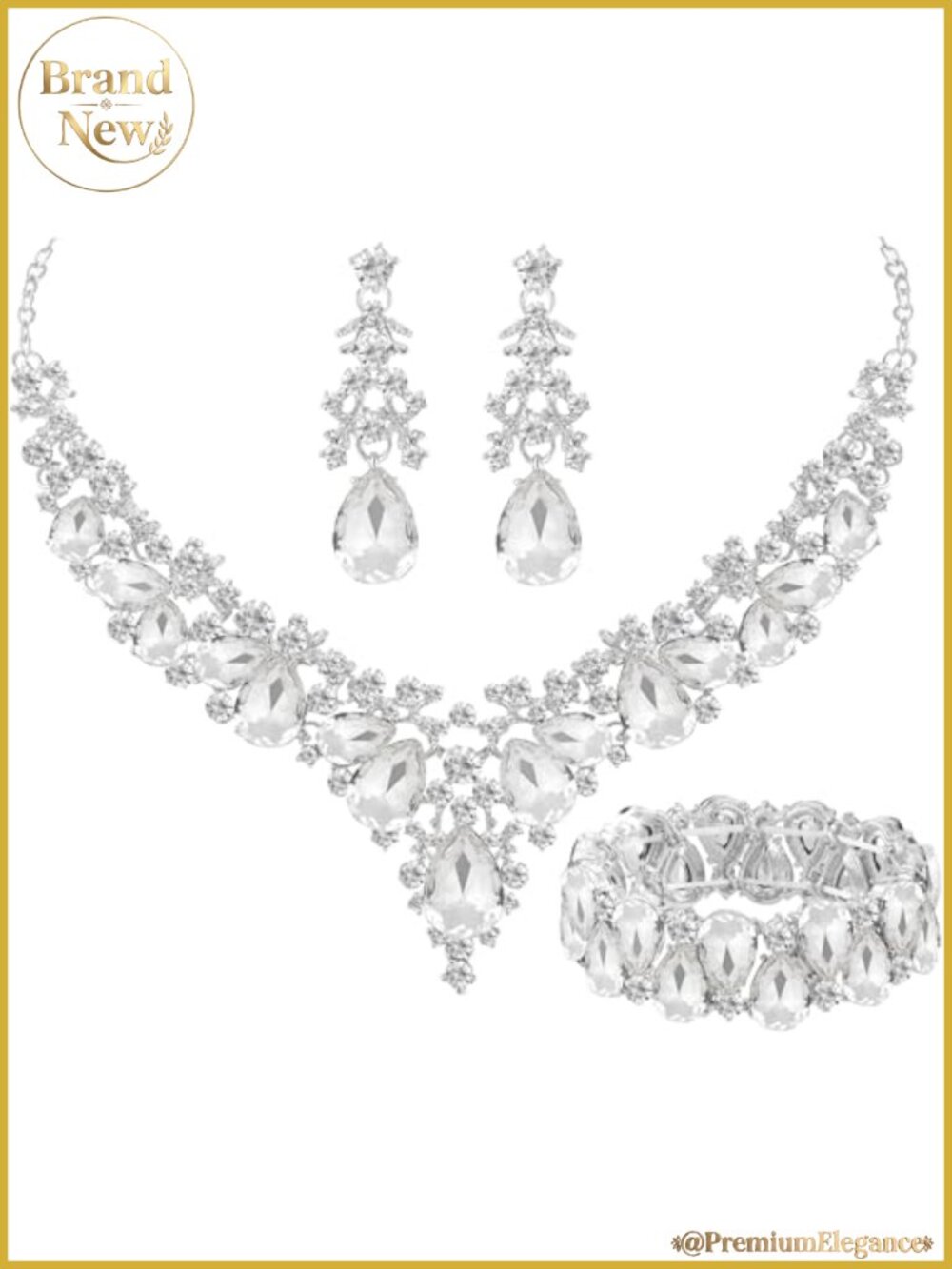 Silver Plated Austrian Crystal Bridal Jewelry Set Necklace Earrings Bracelet